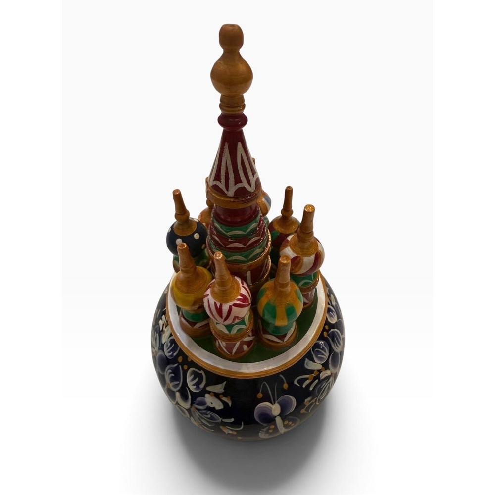 Vintage Russian Cathedral Wooden Spice Rack Toothpick Holder Hand Painted 8.5in